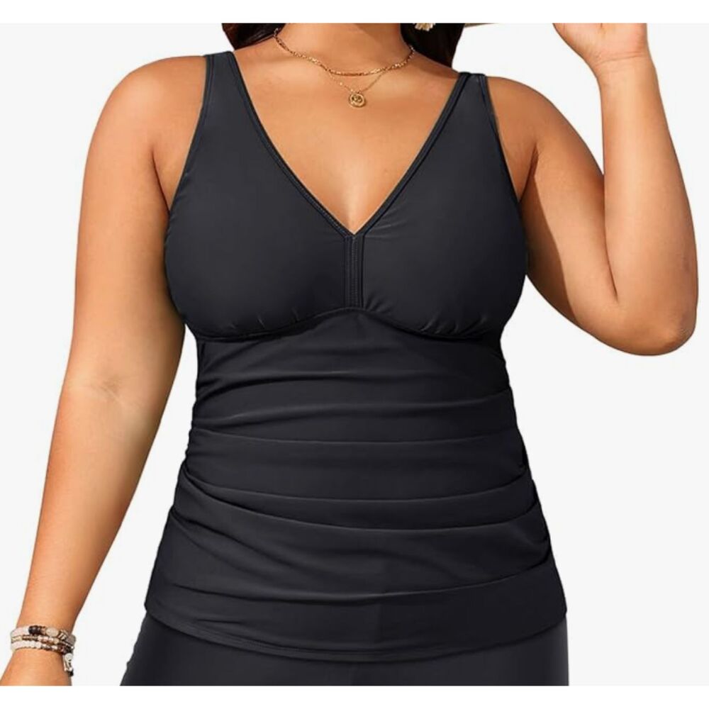 Yonique Plus Size Swimsuits Tummy Control Tankini Top Size 20W Black